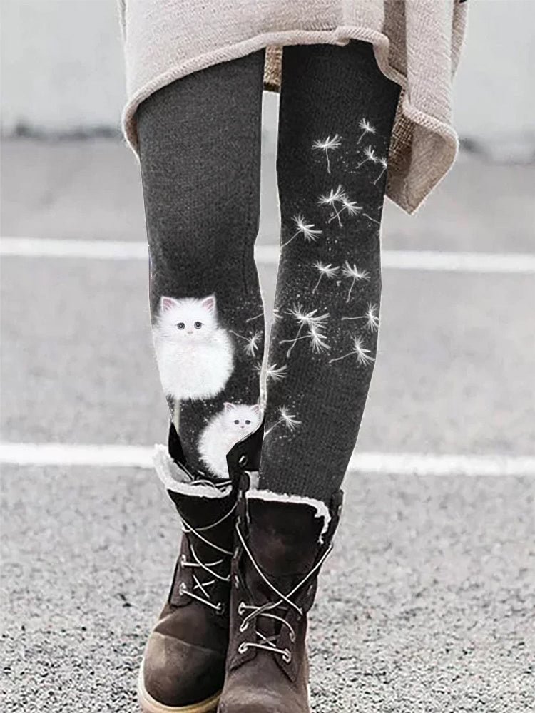 VChics Lovely Cats Dandelion Print Stretchy Leggings