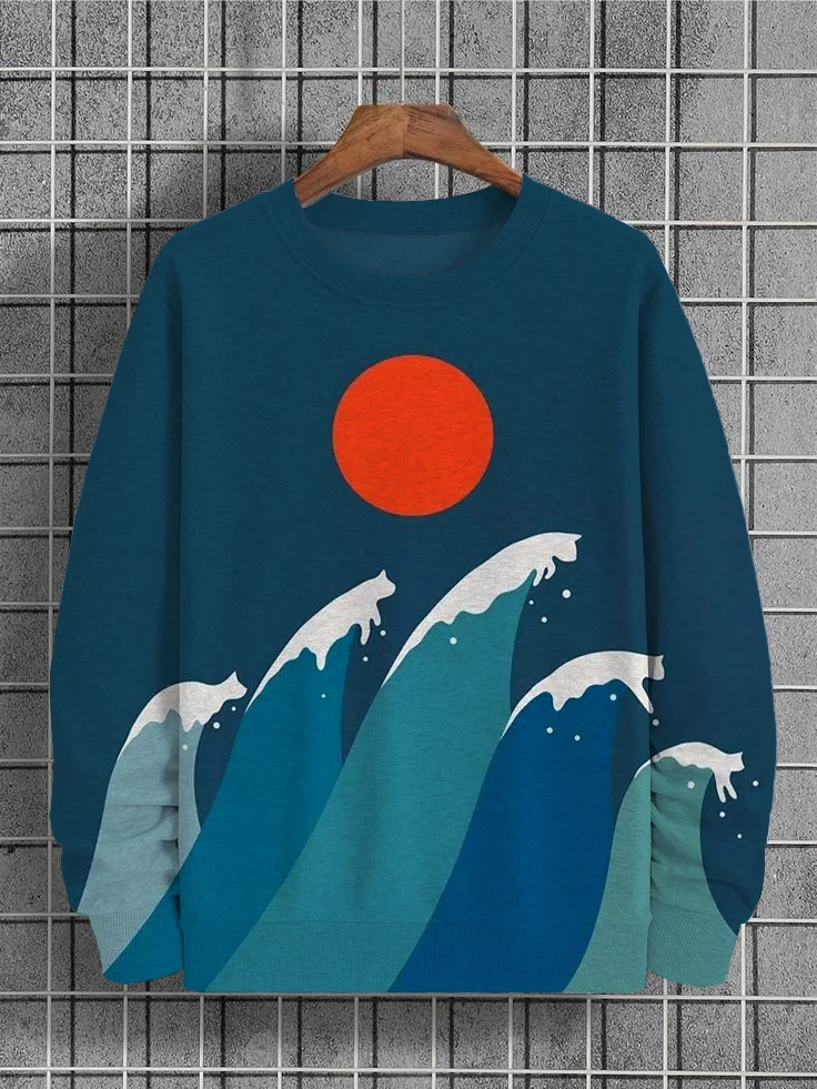 Men's Japanese Art Cat Silhouette Wave Sun Print Cozy Sweatshirt