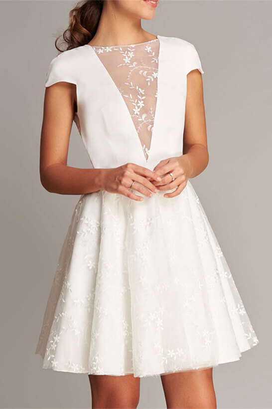 short wedding dress cap sleeves Yvette Plunging V-neck Short Cap Sleeves Minimal Wedding Dress | Low V back with Nude Mesh Column Sheath Skirt