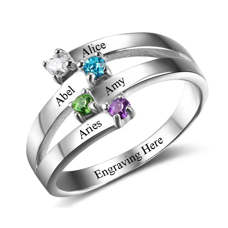 Mothers Birthstones Ring Personalized with 4 Stones Engraved 4 Names Family Ring