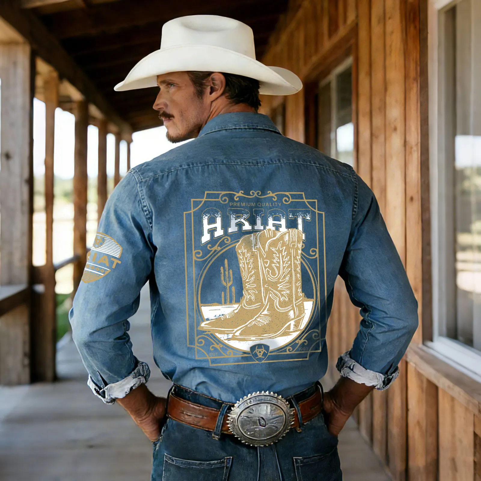 Denim Western Shirt With Print And Cowboy Boot Design For Men