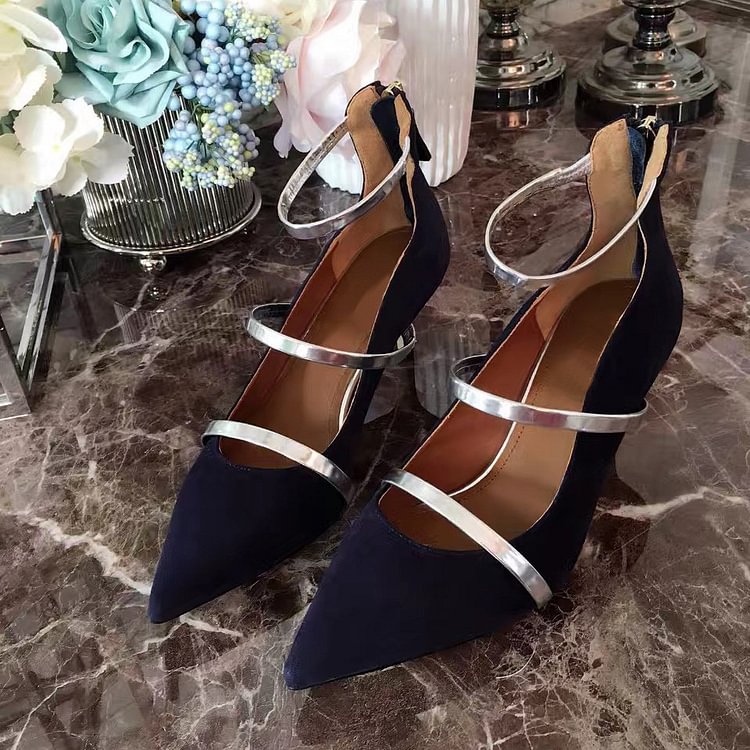 Navy Kitten Heels Ankle Strap Pointy Toe Pumps for Women |FSJ Shoes