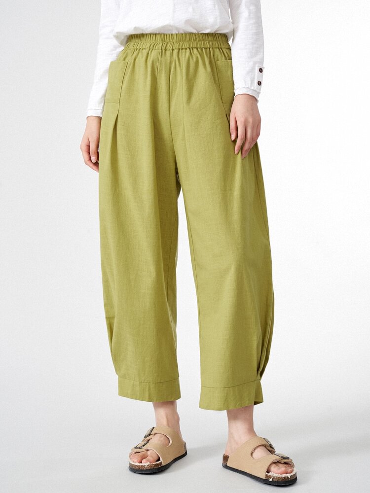 Women Solid Dual Pocket Elastic Waist Wide Leg Pants - BlackFridayBuys
