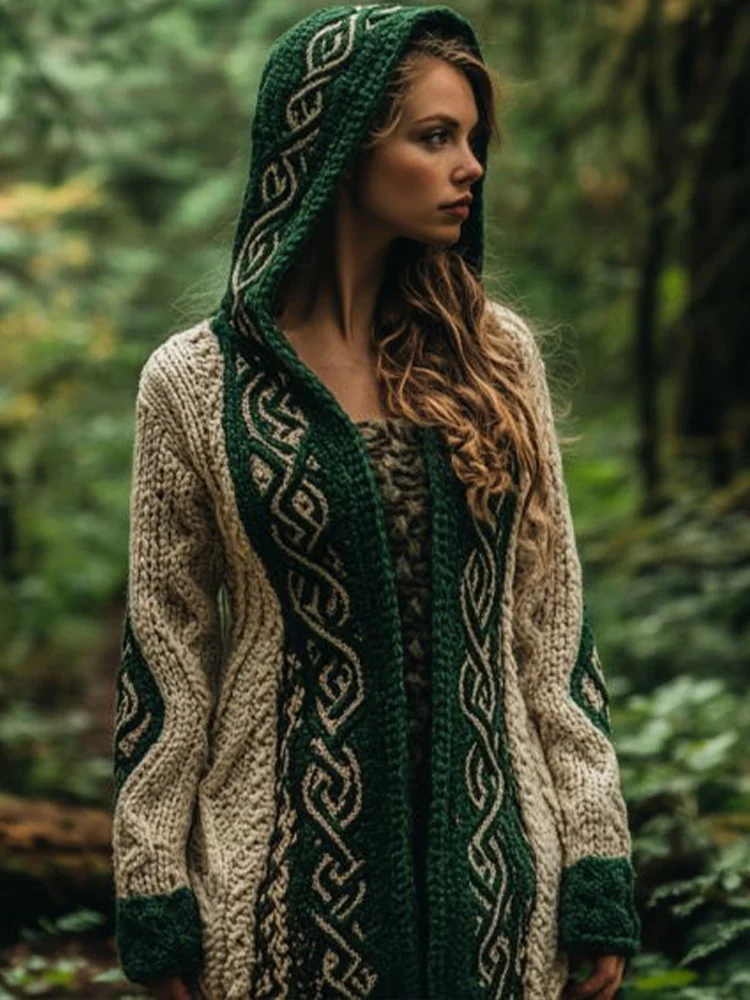 Women's Celtic Knot Design Contrast Color Cozy Knit Hooded Cardigan