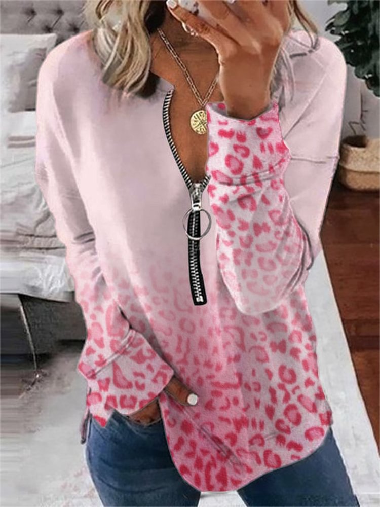 Comstylish Pink Leopard Gradient Print Zipper Casual Sweatshirt