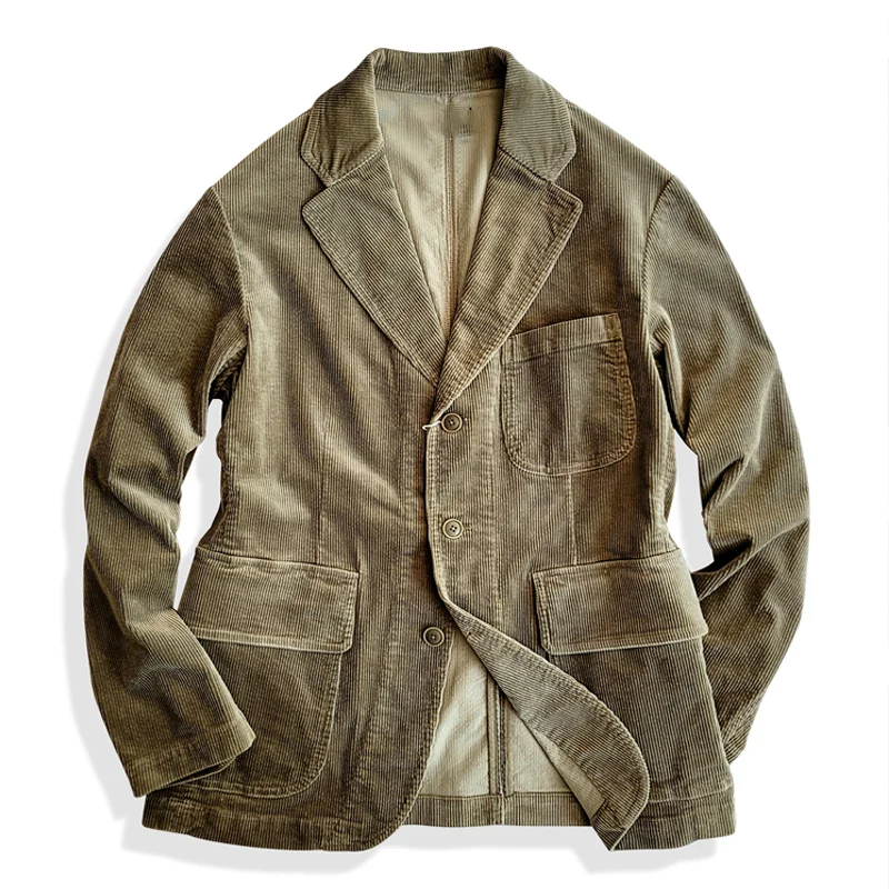Retro Khaki Cotton Corduroy Casual Suit Corduroy Jacket