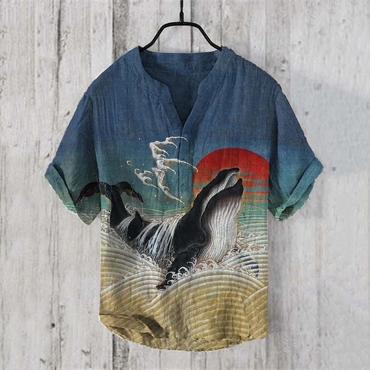 Comstylish Vintage Japanese Art Whale Sunset Linen Blend Shirt