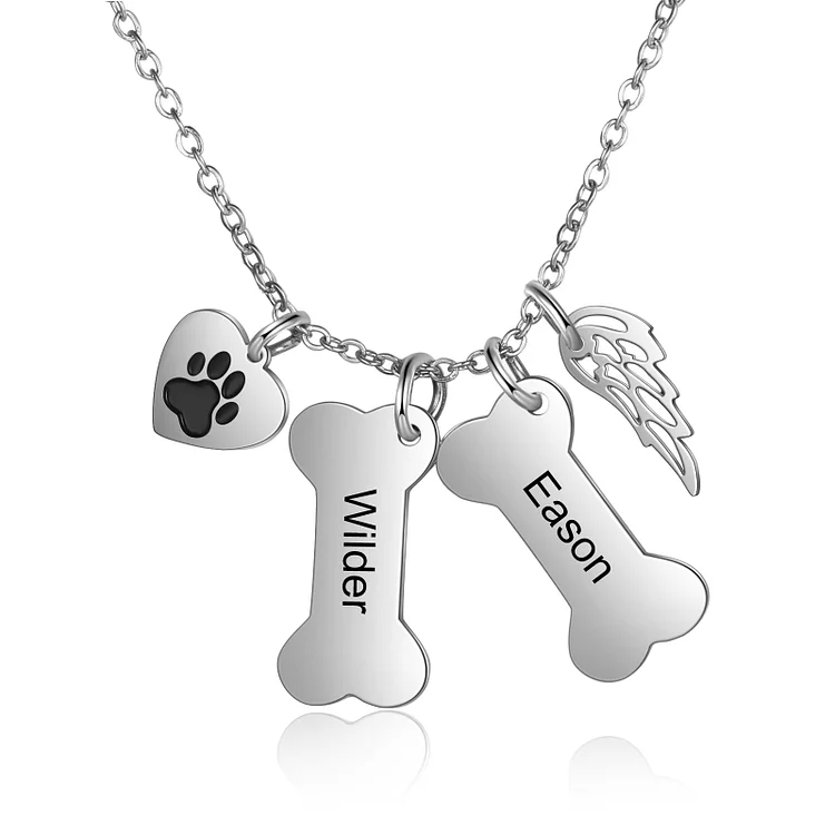 Custom Dog Bone Necklace with Angel Wing Charm Engraved 2 Names Pet Necklace