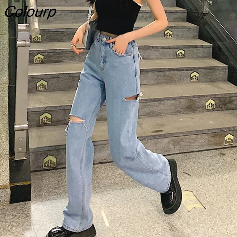 Colourp Waist Women Ripped Jeans Streetwear Korean Fashion Wide Leg Pants Casual Baggy 2022 Summer Straight Ladies Denim Trouser