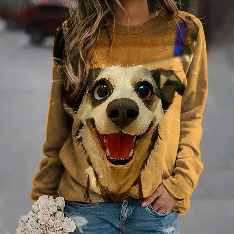 Vefave Dog Print Long Sleeve Crewneck Sweatshirt