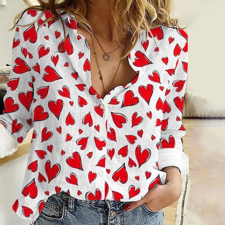 Comstylish Heart Print Long Sleeve Casual Shirt