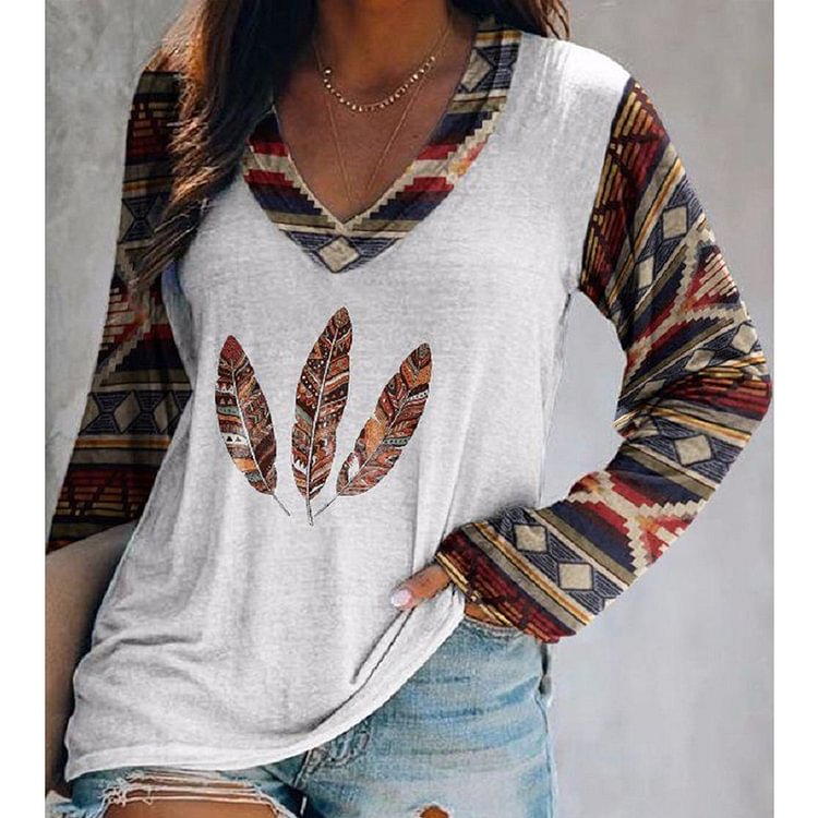 Printed Western Feather Long-Sleeved T-Shirt