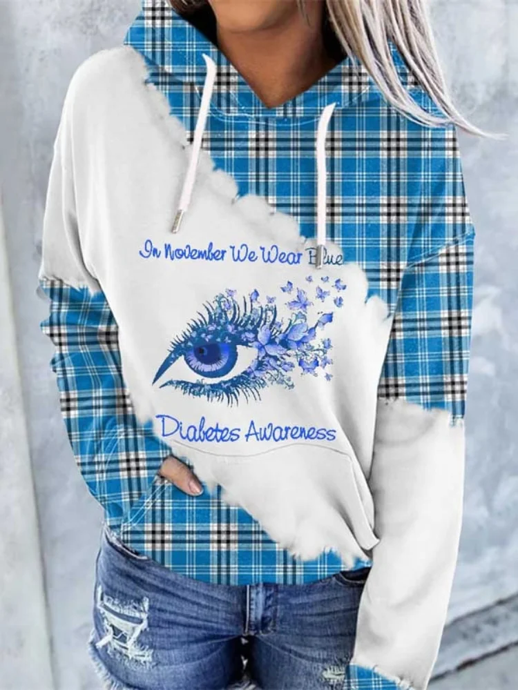 Diabetes Awareness Paneled Plaid Eye Print Hoodie