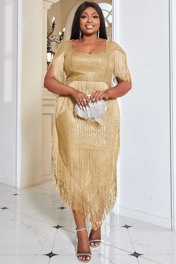 Plus Size Gold Semi Formal Short Sleeve Sequin Fringe Asymmetrical Midi Dresses
