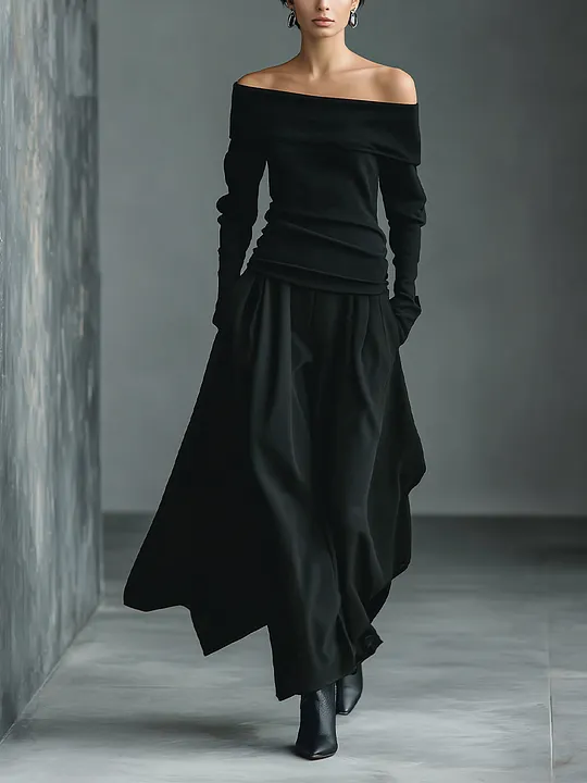 Women's Black Knit Off-Shoulder Fitted Top And Woven Fabric Skirt Set