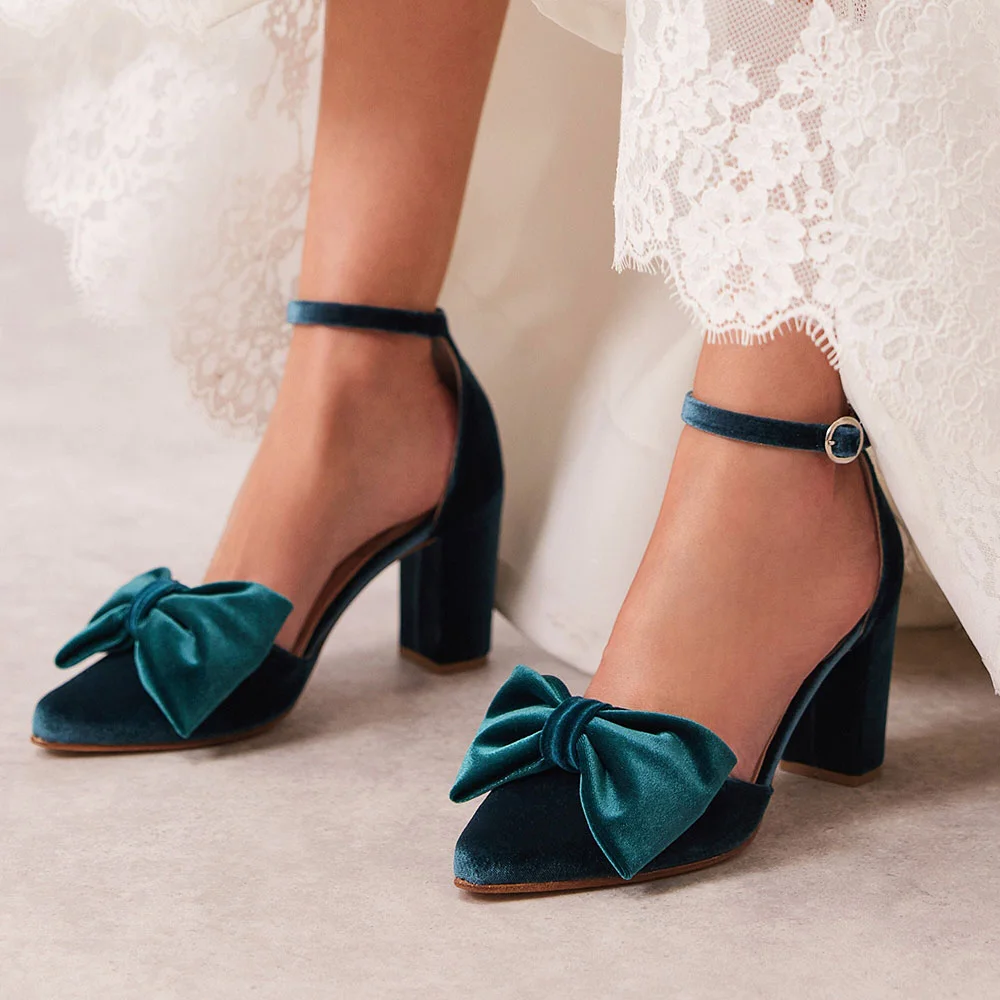 Green Velvet Closed Pointed Toe Bow Inlay Ankle Strappy Pumps With Chunky Heels Nicepairs