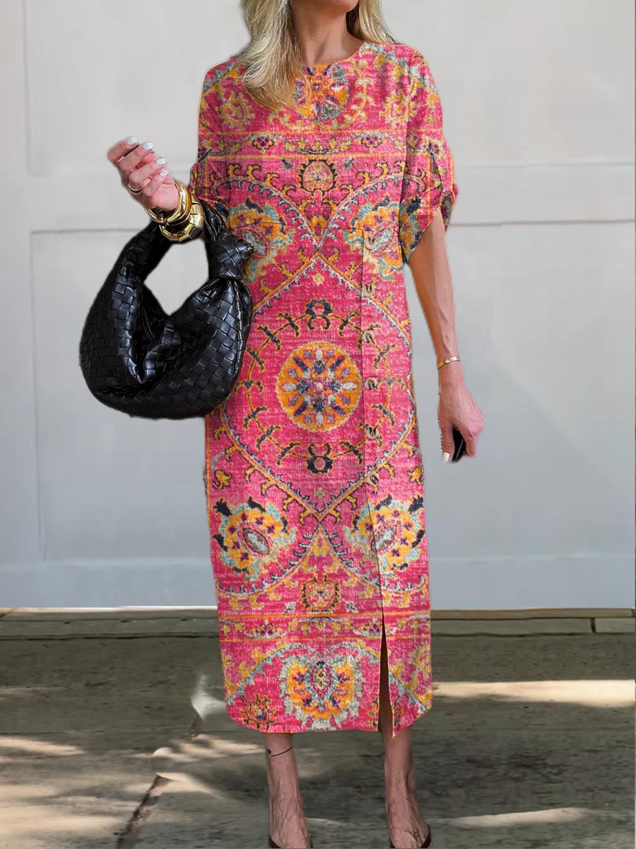 Women's Vintage Ethnic Pattern Art Print V-Neck Button Pocket Cotton Dress