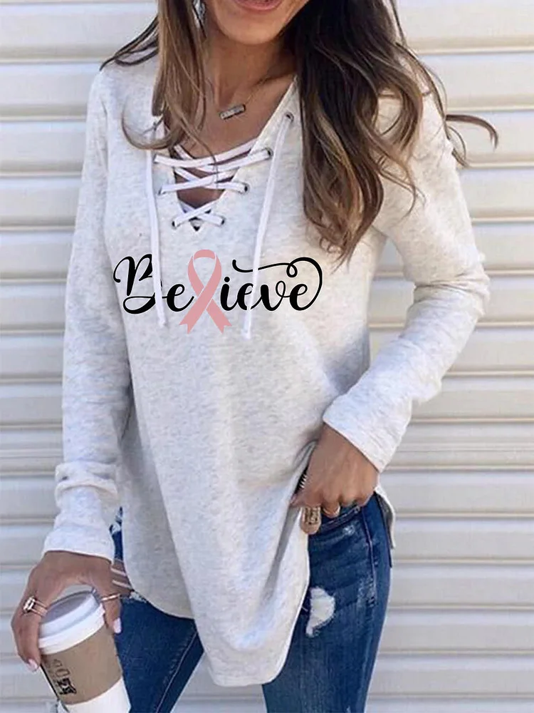 Believe Pink Ribbon Graphic V-neck Lace Up Shirt socialshop