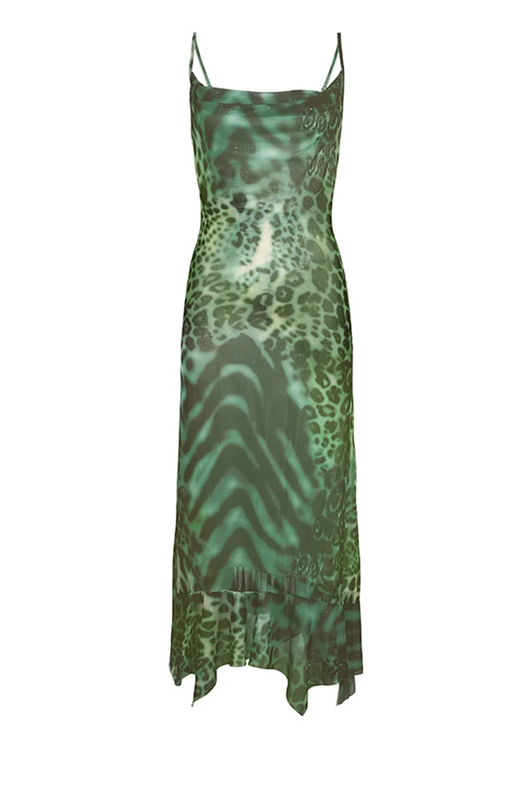 Gothic Green Party Mesh Leopard Print Irregular Hem Double-Layer Cami Midi Dress