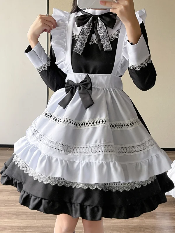 Lolita Long Sleeve Cutout Bowknot Ruffled Peter Pan Collar Mini Maid Dress 