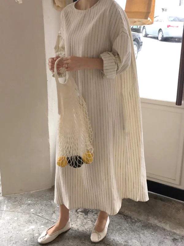 Vintage Striped Long Sleeve Round-Neck Lace-Up Dress