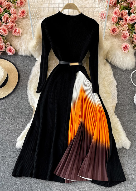Original Black Square Collar Tie Waist Tulle Patchwork Long Dresses Spring