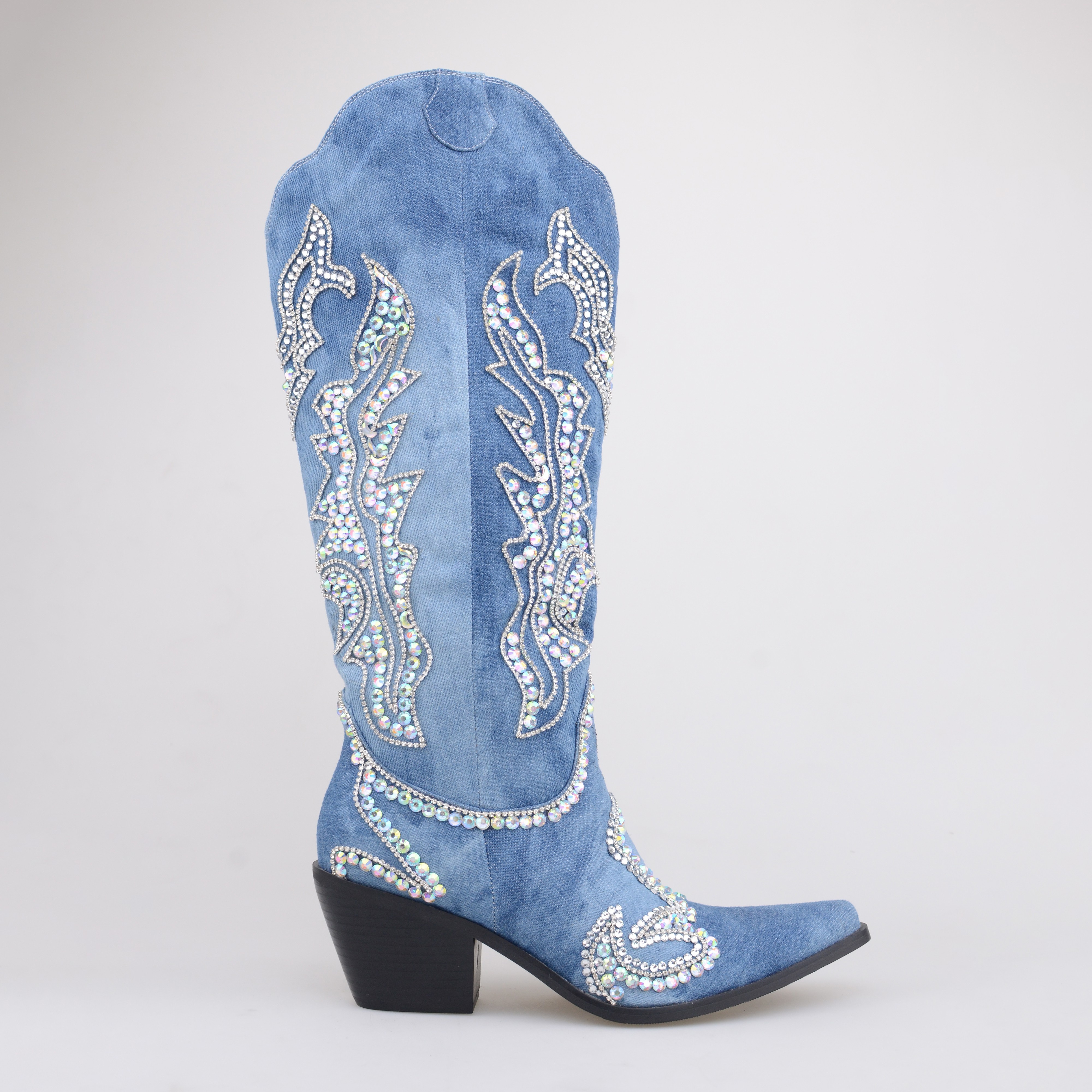 TAAFO Bright Rehine Stone Blue Denim Cowboy Boots