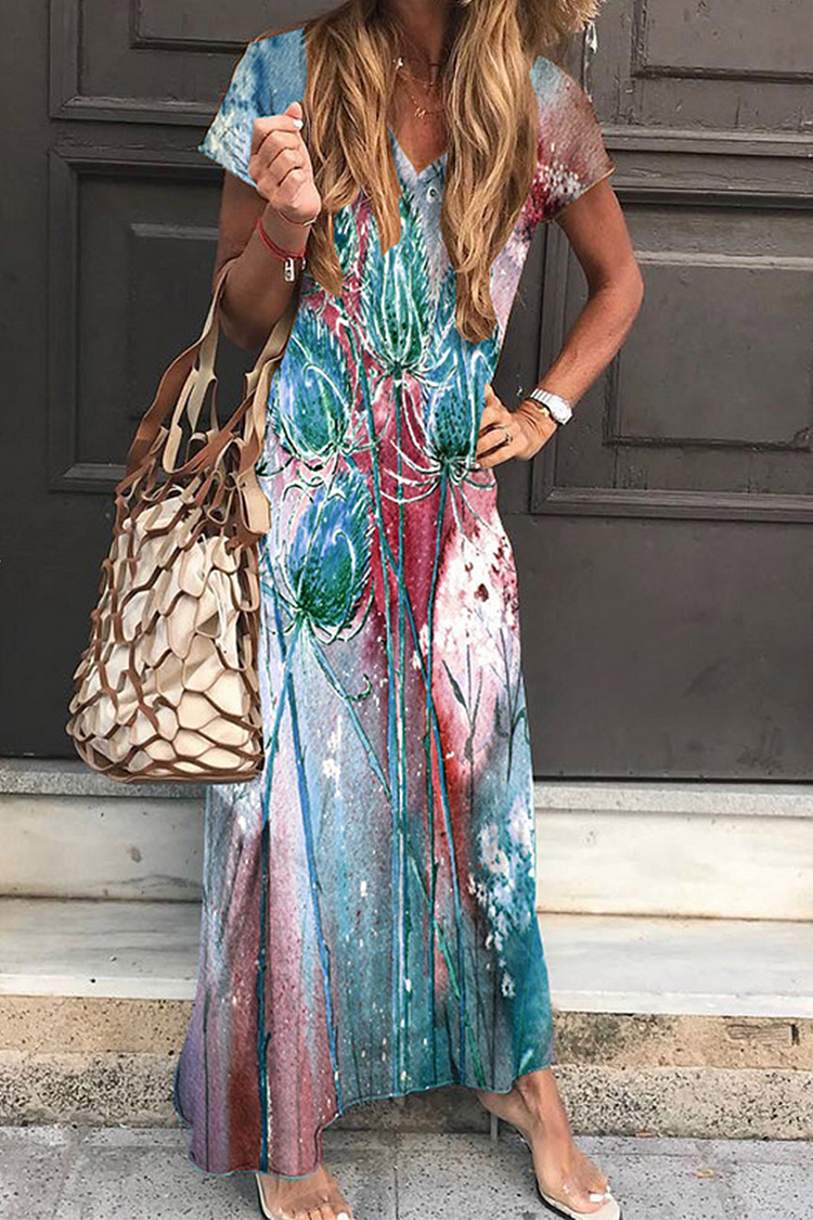 Fashion Print Patchwork V Neck Straight Dresses - Life is Beautiful for You - SheChoic