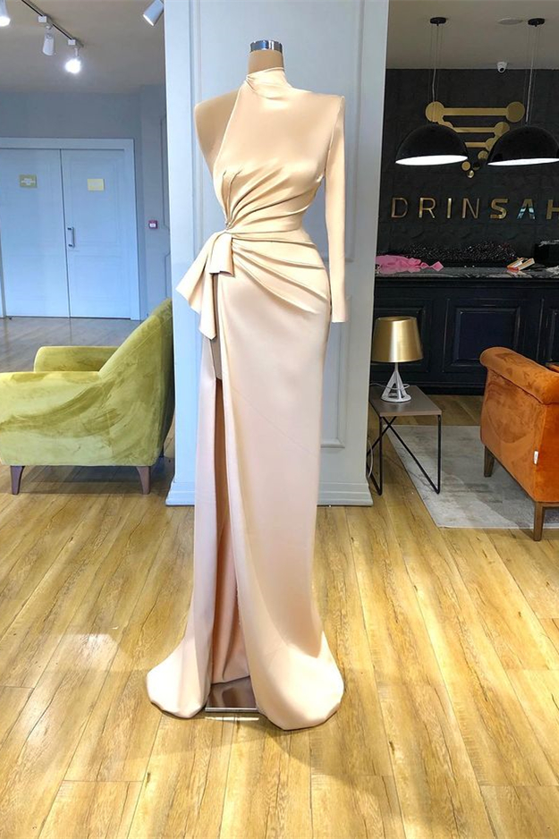 Bellasprom One Shoulder Long Sleeves Prom Dress Mermaid With Slit High Neck