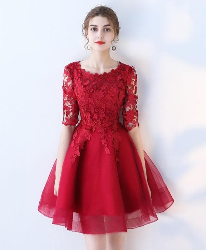 Burgundy Lace Tulle Short Prom Dress, Burgundy Homecoming Dress