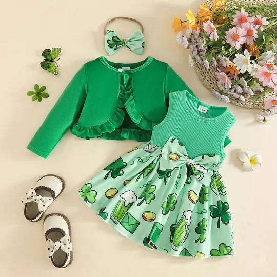 【3M-3Y】Girls' St. Patrick's Day Long-Sleeve Cardigan + Sleeveless Dress Set