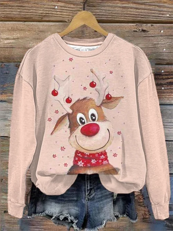Women's Christmas Cute Deer ELK Print Crew Neck Sweatshirt