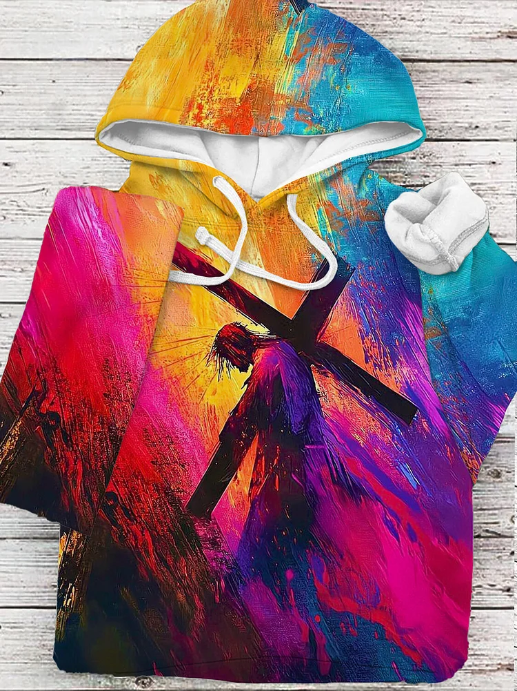 Men's Colorful Jesus And The Cross Print Casual Hoodie