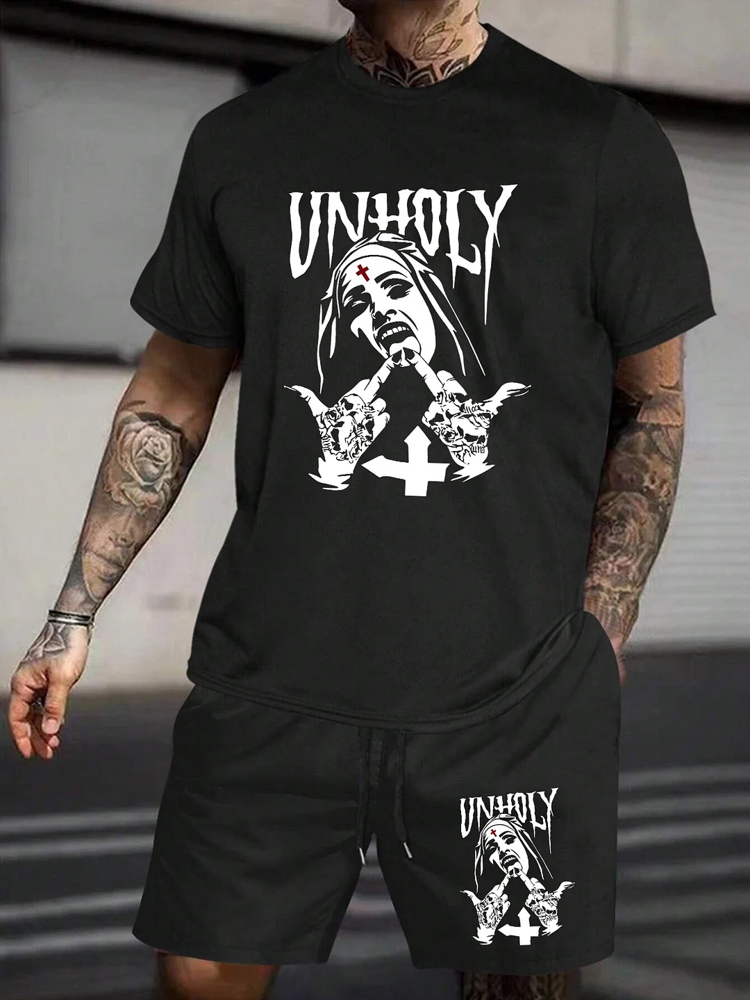 UNHOLY Nun Black T-shirt and Shorts Printed Suit