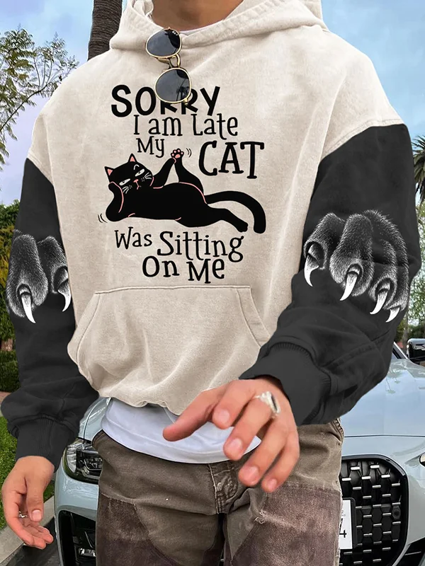 Men's Sorry I Am Late My Cat Was Sitting On Me Colorblock Print Hoodie