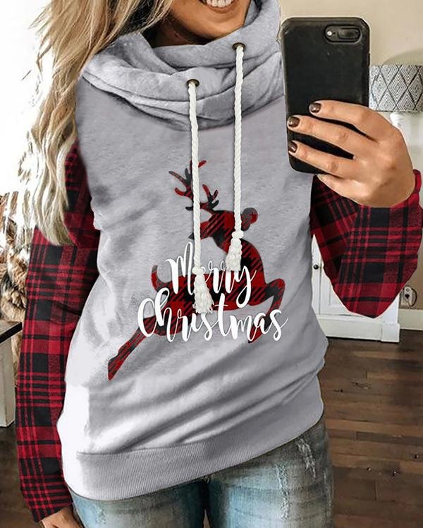 Color-Block Long Sleeve Christmas Elk&Car Print Hoodies