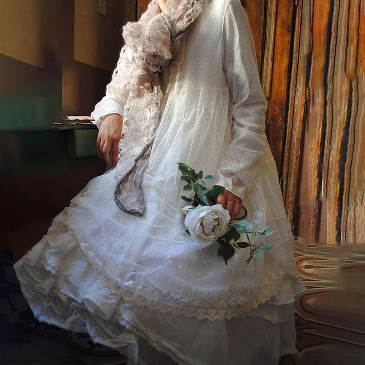 Vintage Lace Round Neck Long Sleeve Maxi Dress