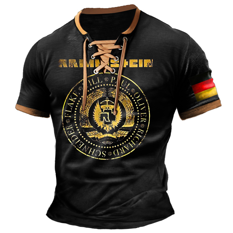 Men's T-Shirt Rammstein Rock Band German Flag Vintage Lace-Up Short Sleeve Color Block Summer Daily Tops / TECHWEAR CLUB / Techwear