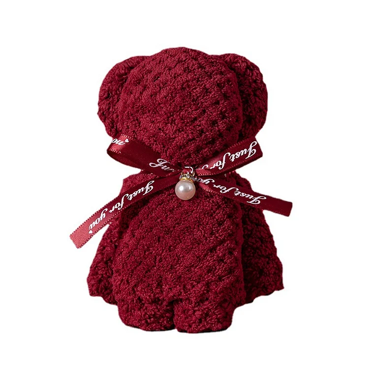 Cute Bear Shaped Towel, Bear Doll Towel, Burgundy Bear Creative Gift for Her