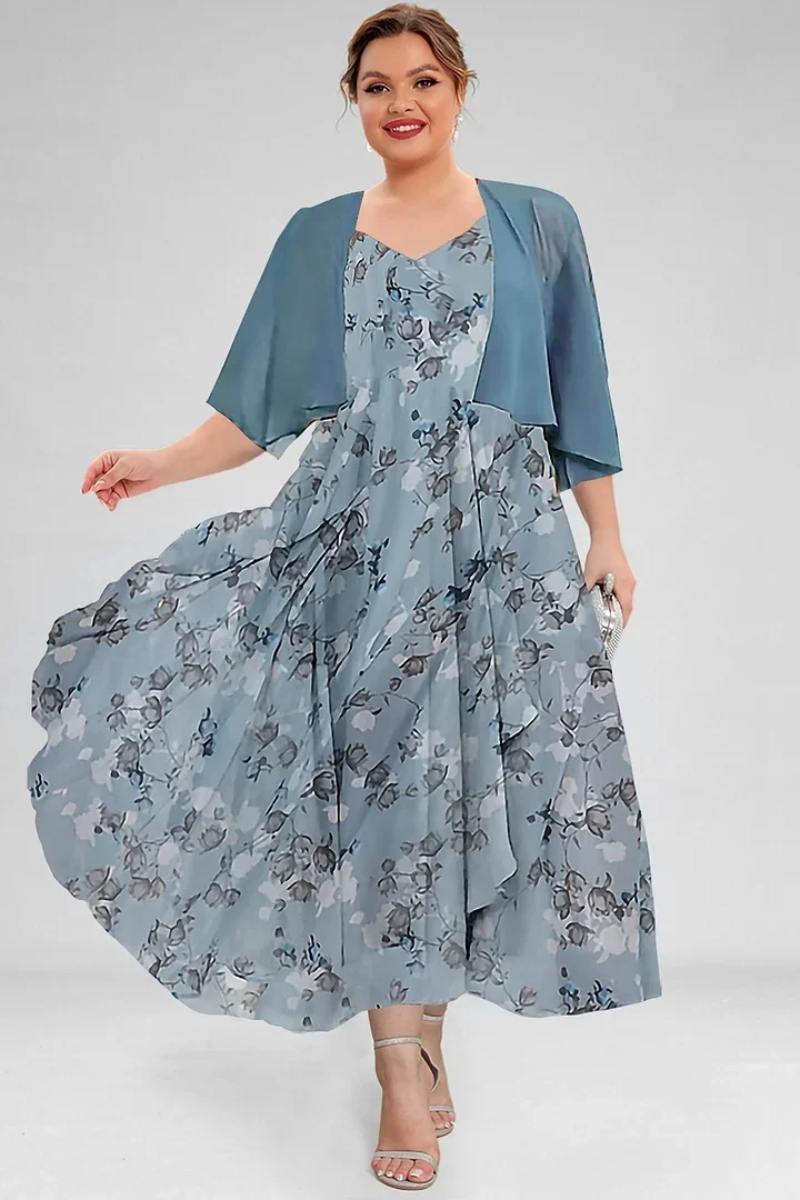 Flycurvy Plus Size Casual Slate Blue Chiffon Floral Print Cross Hem Two Pieces Tea-length Dress With Jacket  Flycurvy [product_label]