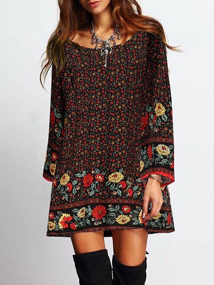Bohemian Floral Print Bell Long Sleeve Crew Neck Dress