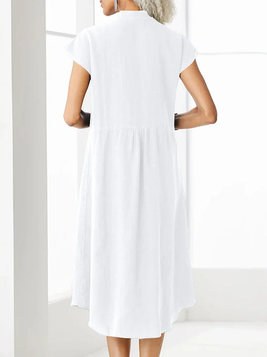 Loose V-Neck Short Sleeve Button Solid Color Linen Dress