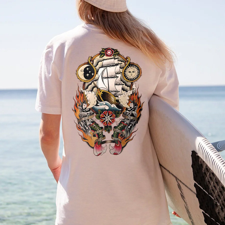 Sun And Moon Sailing Ship Printed Women's T-shirt