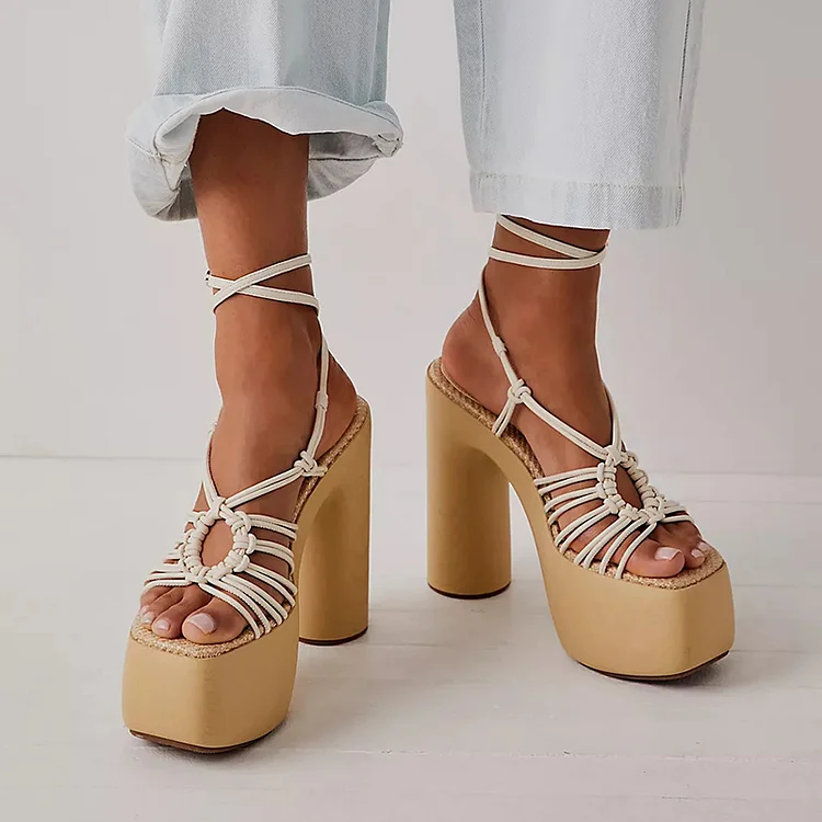 Ivory & Beige Strappy Sandals Women'S Classic Platform Chunky Heel Office Shoes |FSJ Shoes