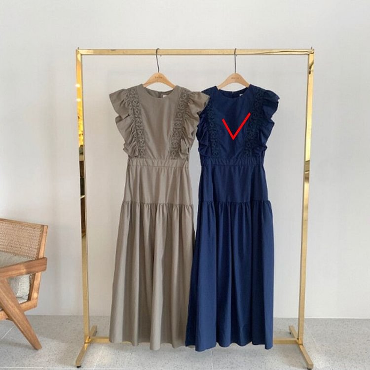 round neck flying sleeves temperament retro lace collar long dress women - BlackFridayBuys