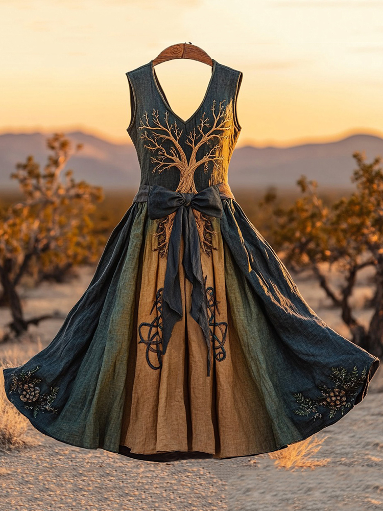 Retro Viking Tree Of Life Print Vintage V-Neck Sleeveless Lace Patch Dress main image 0