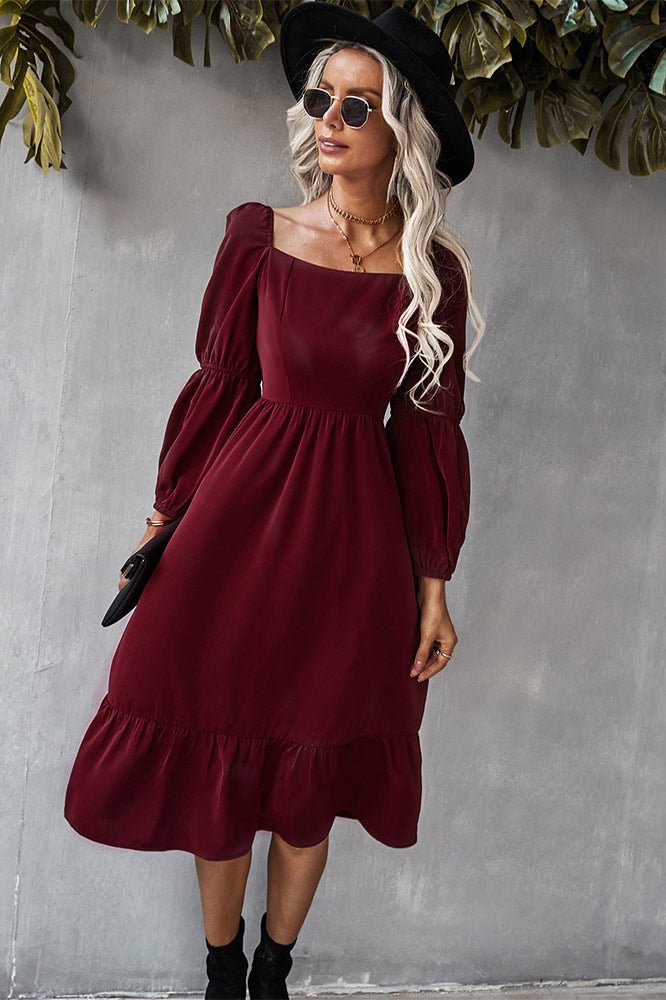 Solid Color A-line Casual Vacation Long Sleeve Dress - BlackFridayBuys