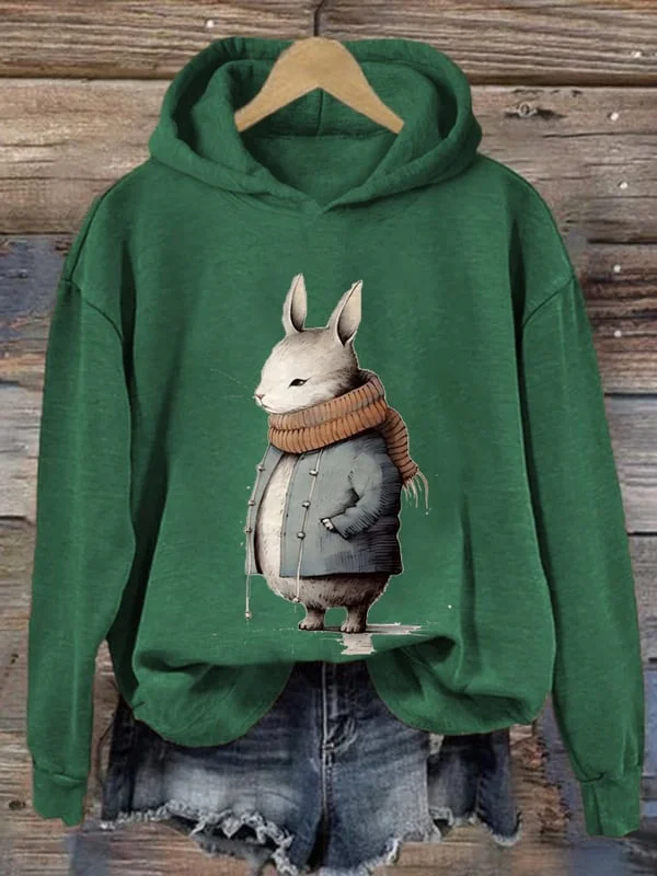 Women's Rabbit Print Hooded Long Sleeve Sweatshirt