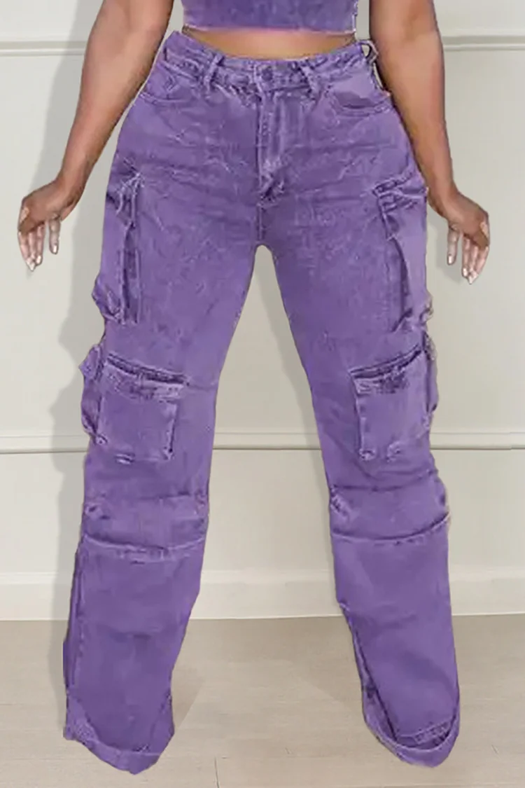 Denim Pockets Straight Leg Cargo Pants-Purple