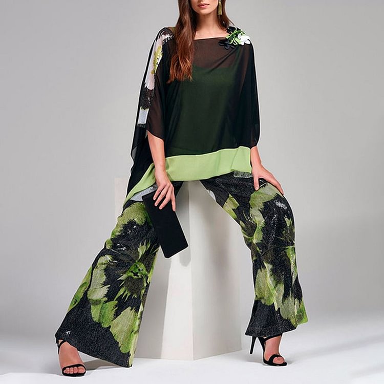 VChics Fashion Color Block Floral Panel Hem Two-piece Set